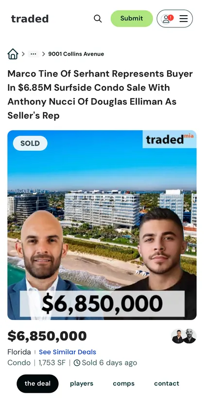 Traded Miami coverage of a $6.85M Surfside condo sale